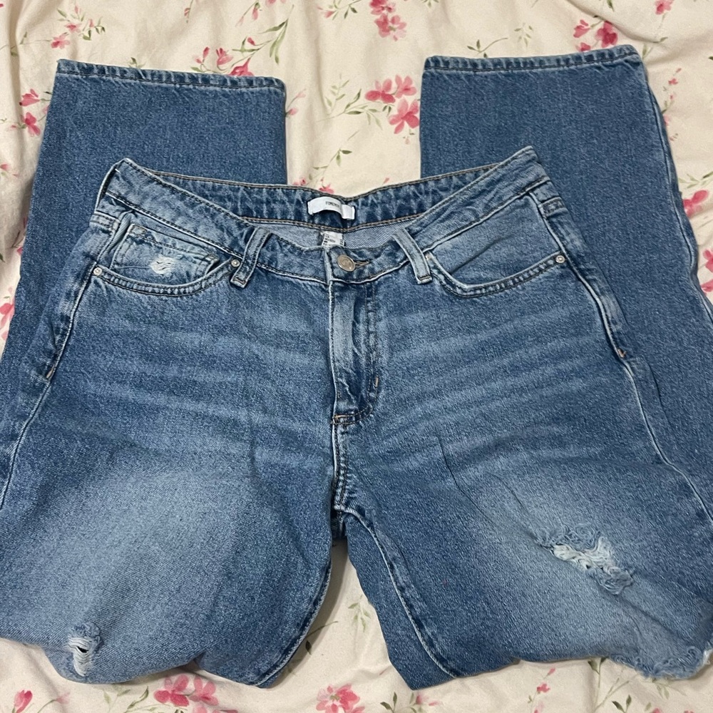 Forever 21 Distressed Blue Straight Leg Jeans